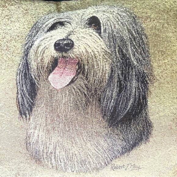 PILLOW Bearded Collie artist Robert May no tags EUC solid black back 14”x16” - Picture 3 of 7